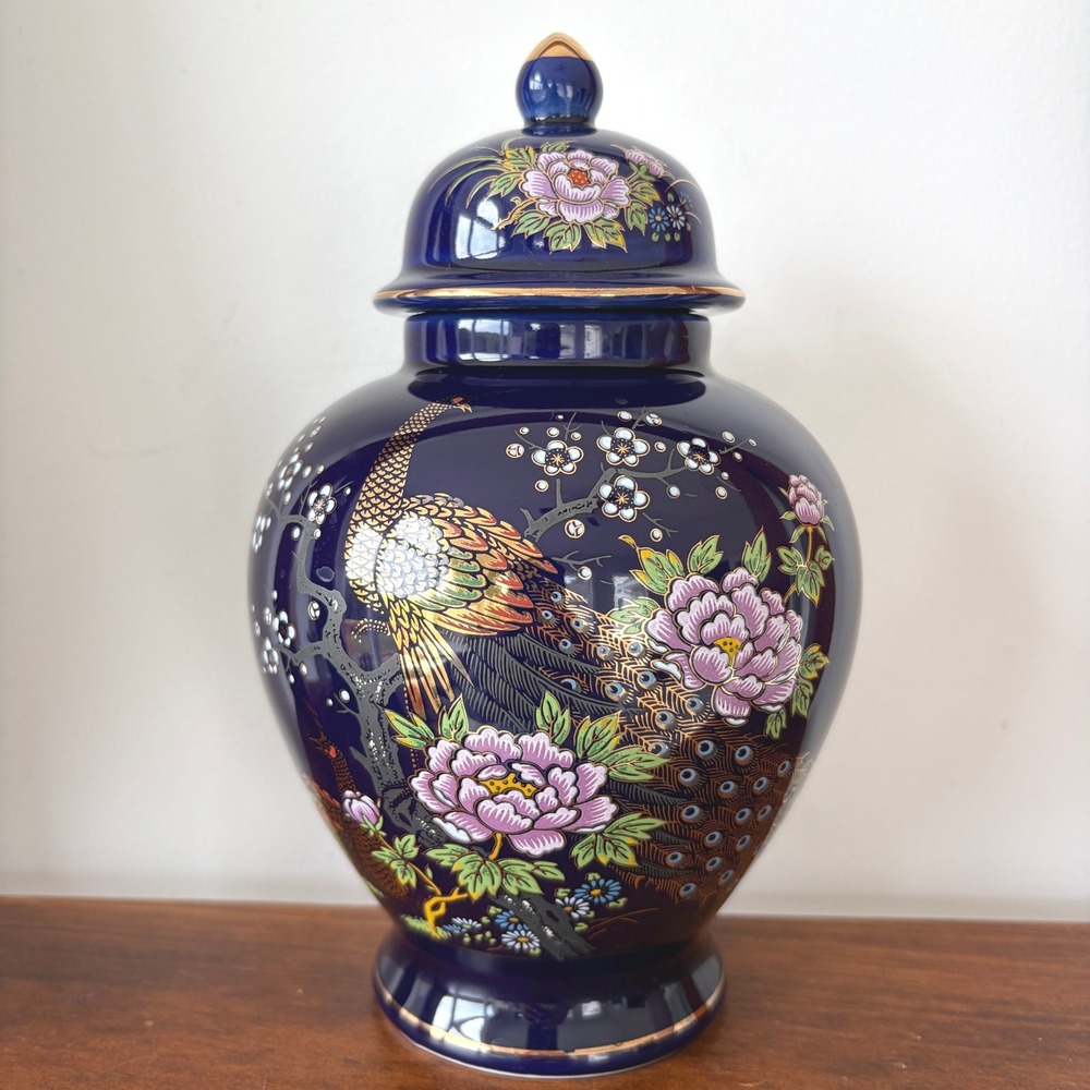 Vintage Cobalt Blue Ginger Jar Peacock Floral Gold Trim Made in Japan 9 inch